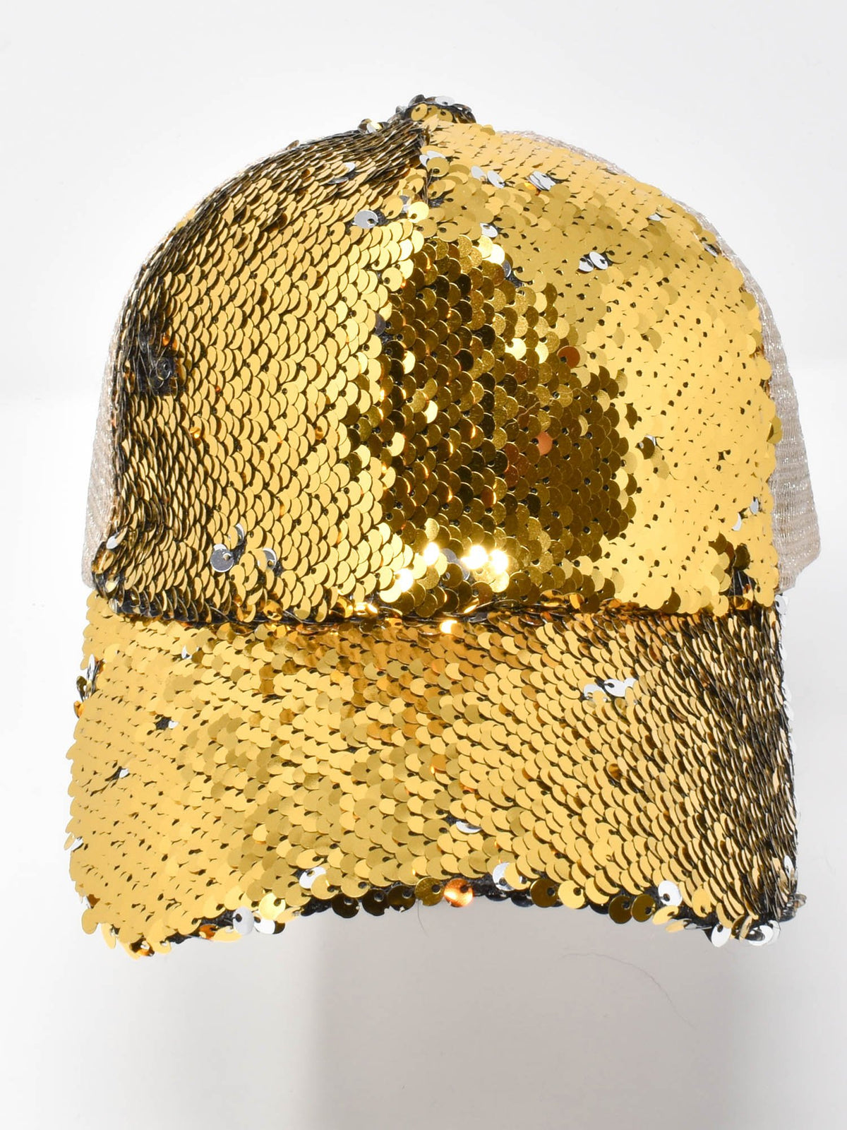 Metallic gold sequin baseball cap with all-over gold sequins and white mesh back, front view on white.