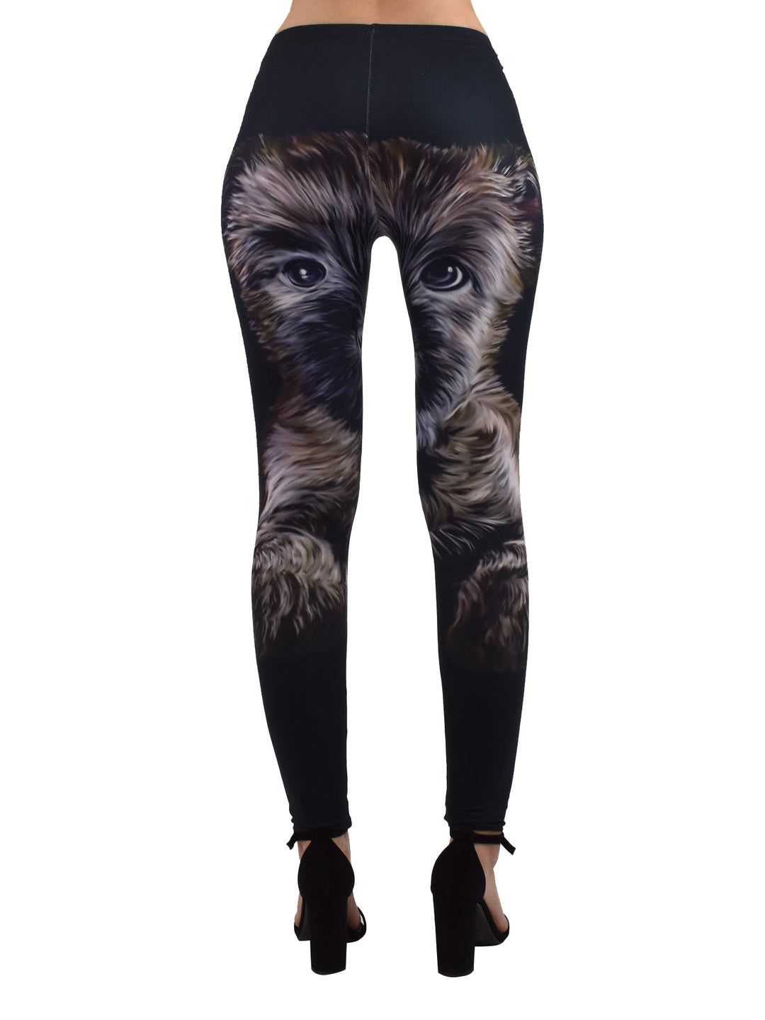 Back view of Denimaxx Cairn Terrier puppy print leggings showing the large terrier face artwork from behind on a studio model.