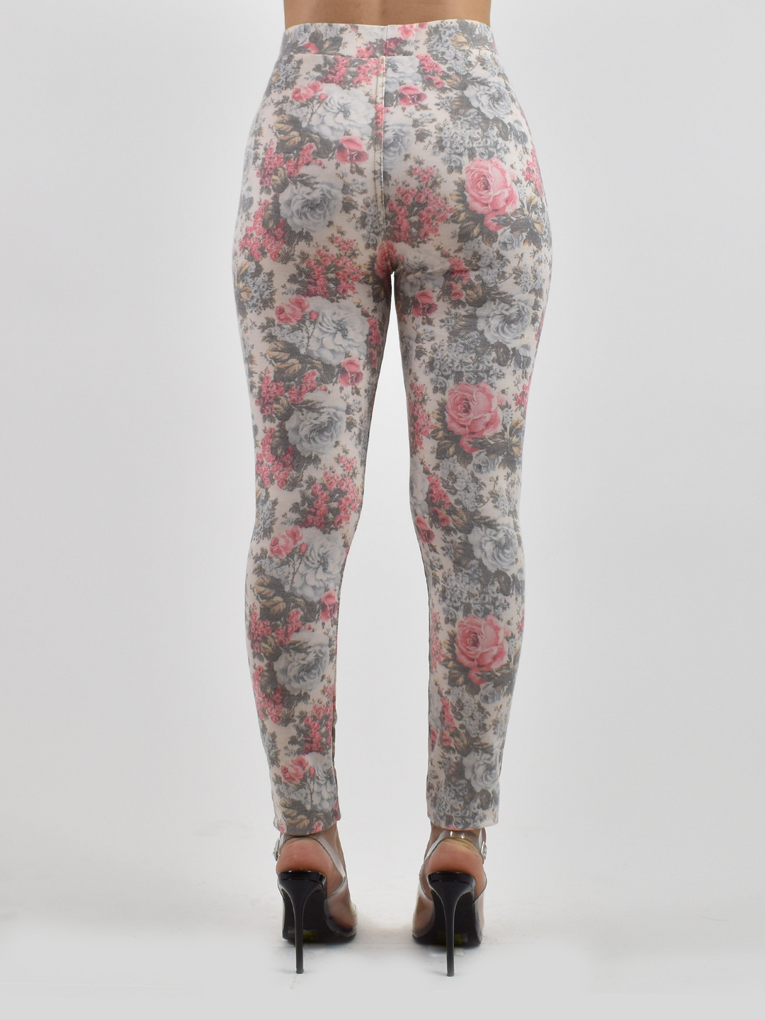 Denimaxx Women’s Floral Pink Jean adjustable high-rise leggings with soft floral denim pattern.