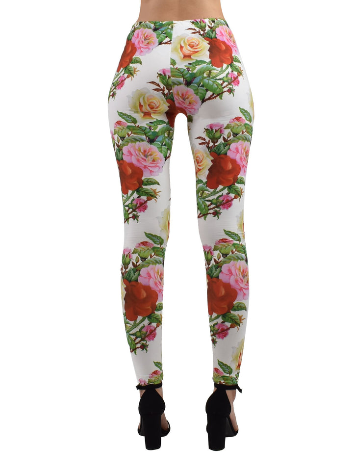 Back view of Denimaxx Rose Thorns leggings showing the all-over rose and leaf print, studio shot on white.
