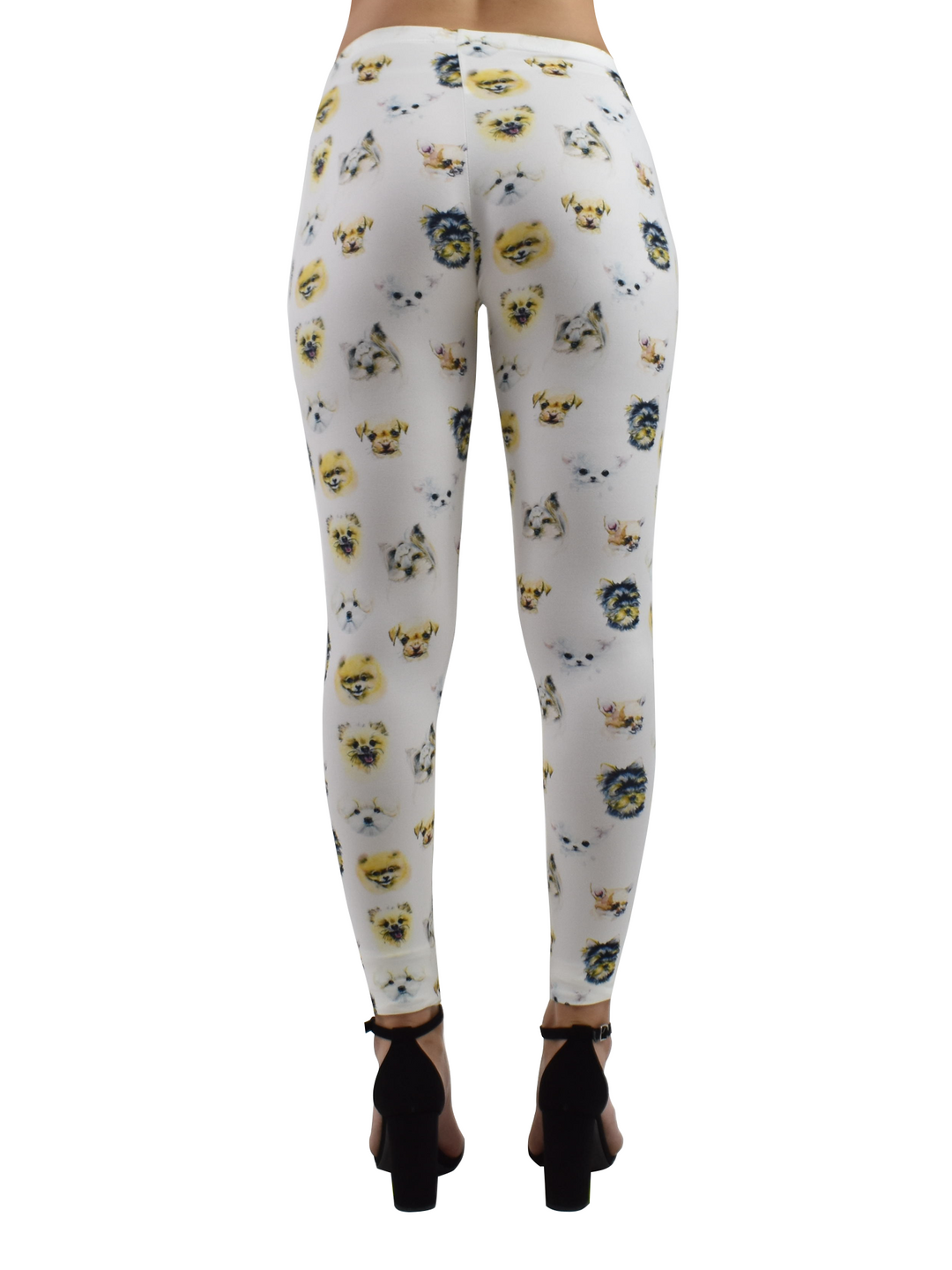 Back view of Denimaxx Women’s Mixed Dog Breed leggings highlighting flexible high-rise yoga fit and playful puppy design.