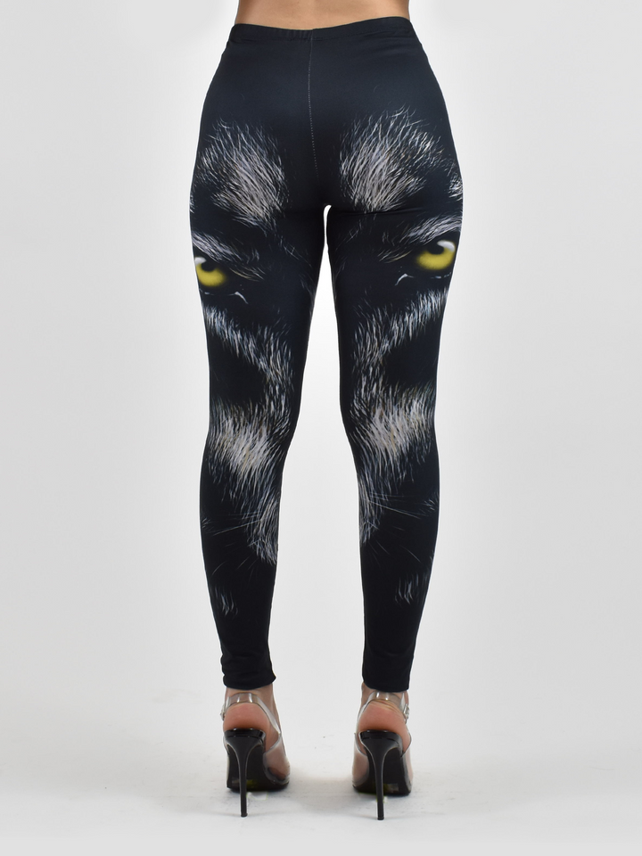 Close-up of Denimaxx Women’s Black Wolf leggings featuring detailed wolf design and soft texture.