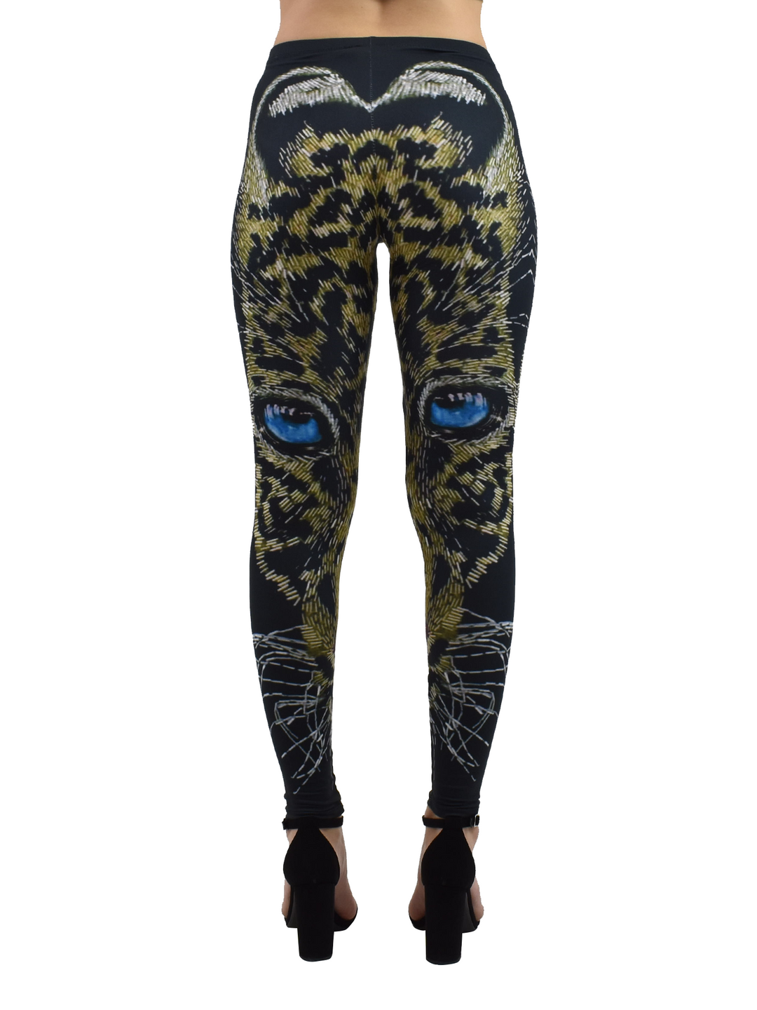 Back view of Denimaxx cheetah mosaic leggings showing the blue-eyed cheetah face artwork from behind on a studio model.