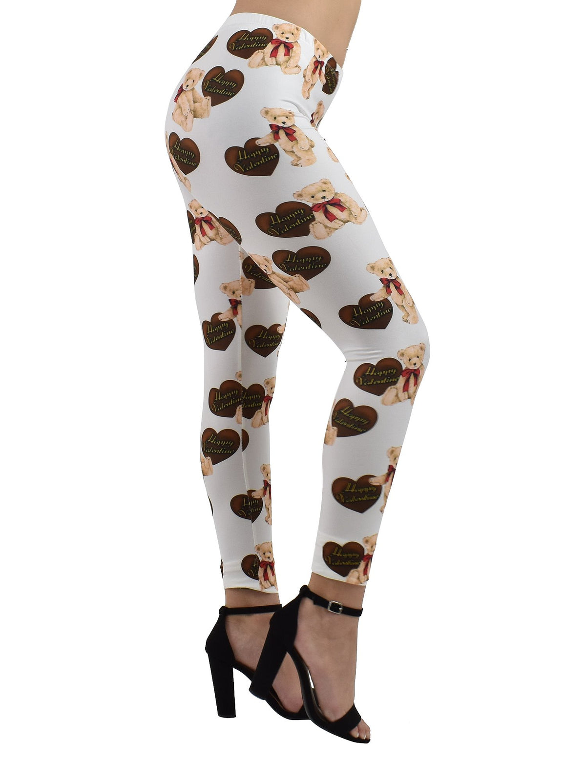 Side view of Valentine Chocolate Bears print leggings showing teddy bear and chocolate heart print, worn with black block heels.