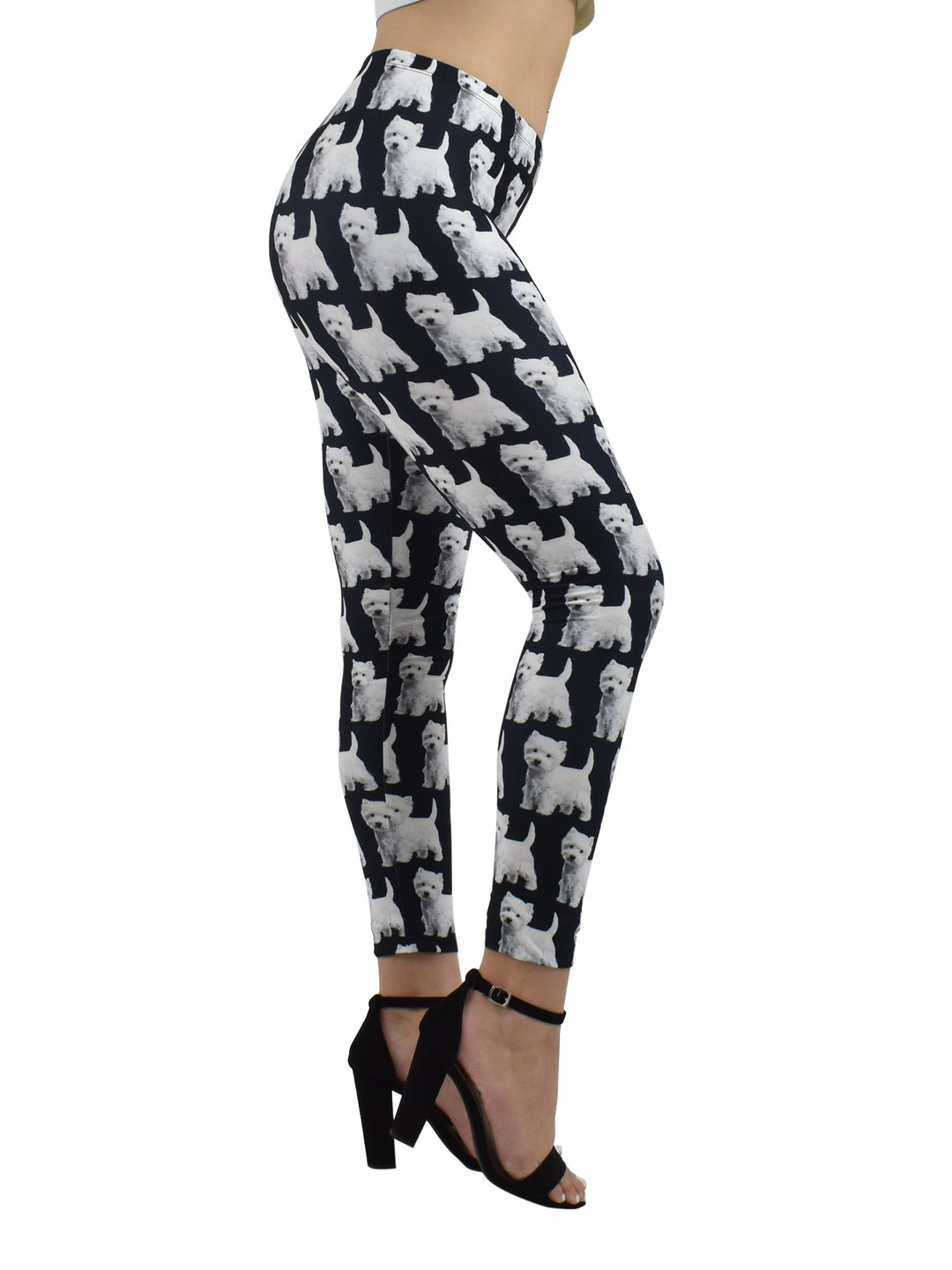 Close-up of Denimaxx Westie Print Leggings highlighting playful terrier details and soft material.