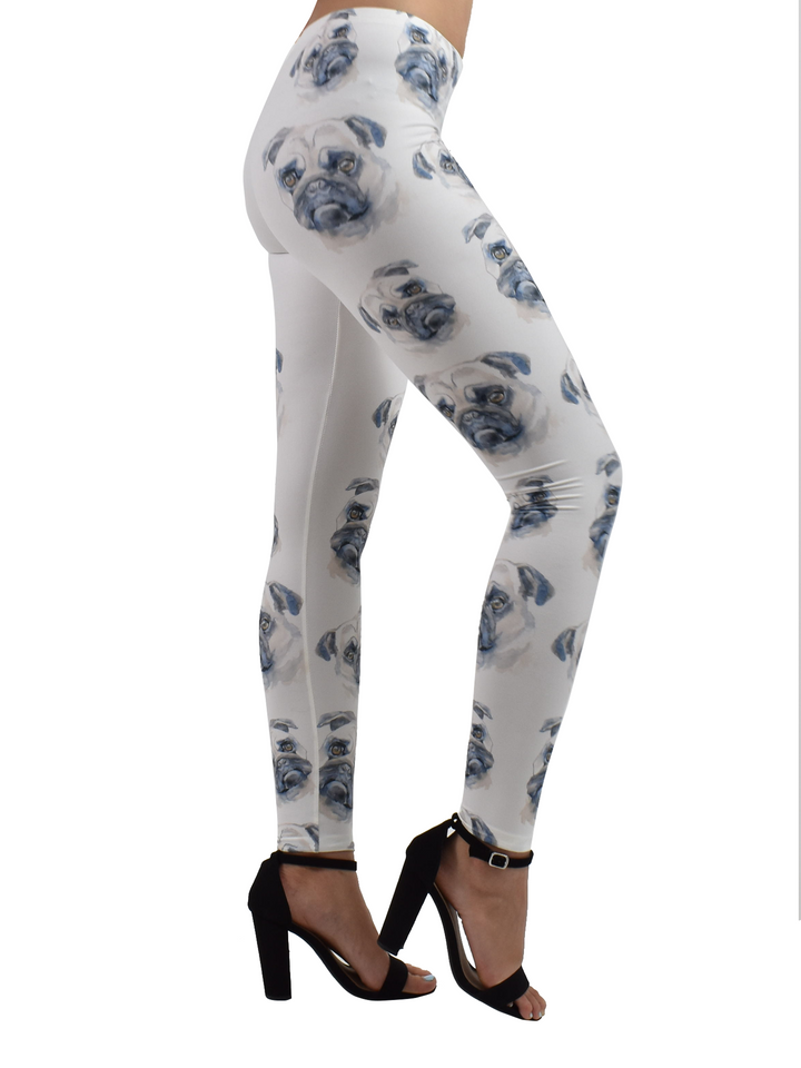 Women’s fitted pug print leggings with flexible four-way stretch fabric for comfort and movement.