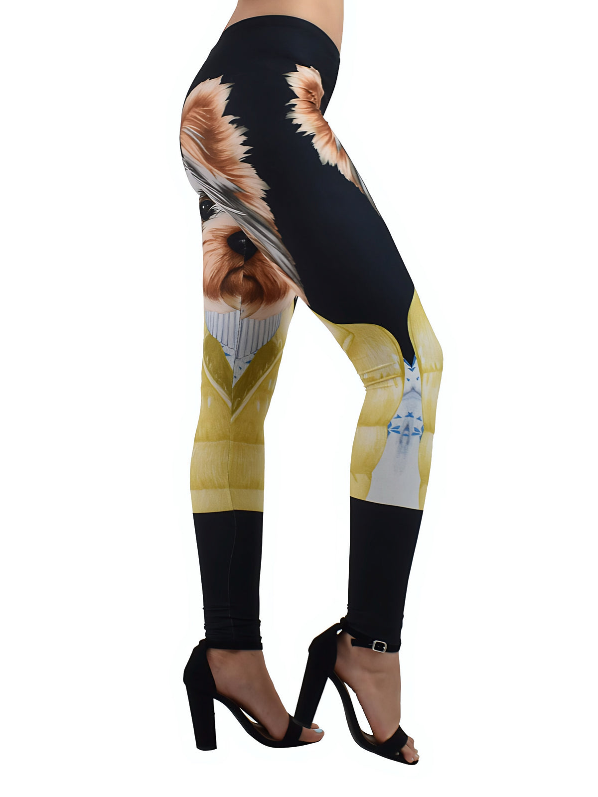 Side view of Yorkie print leggings with Yorkie face artwork on black and yellow fabric, worn with black block heels.