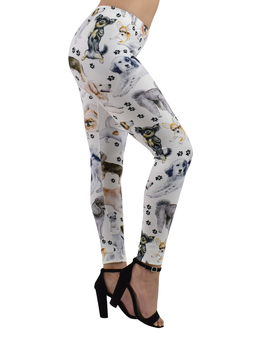Side view of Denimaxx Puppy print leggings showing adjustable waistband and playful puppy design.