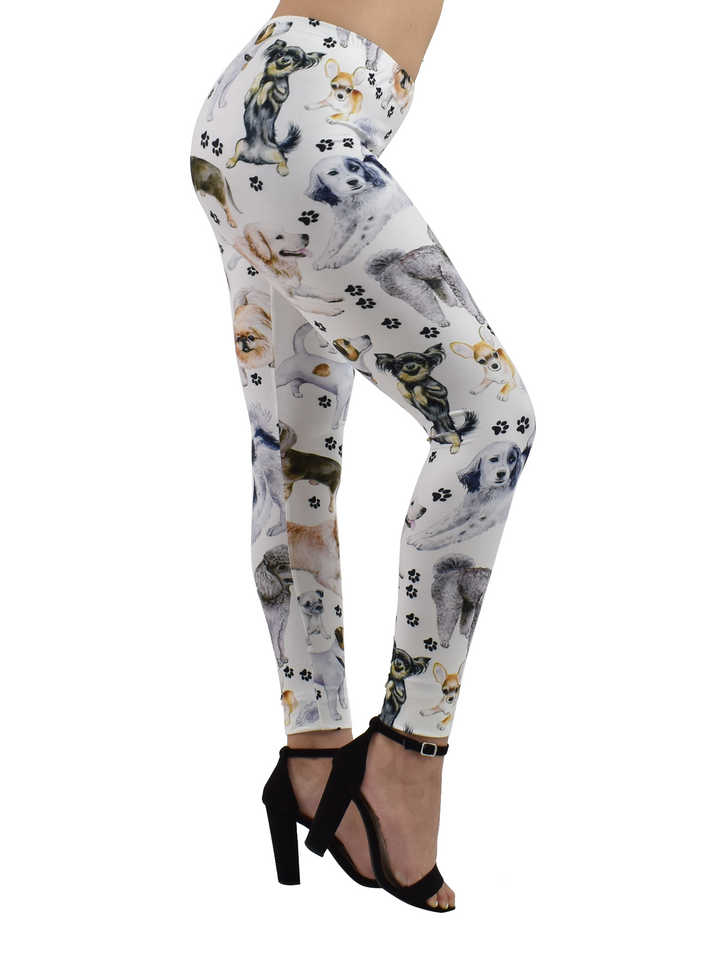 Side view of Denimaxx Puppy print leggings showing adjustable waistband and playful puppy design.