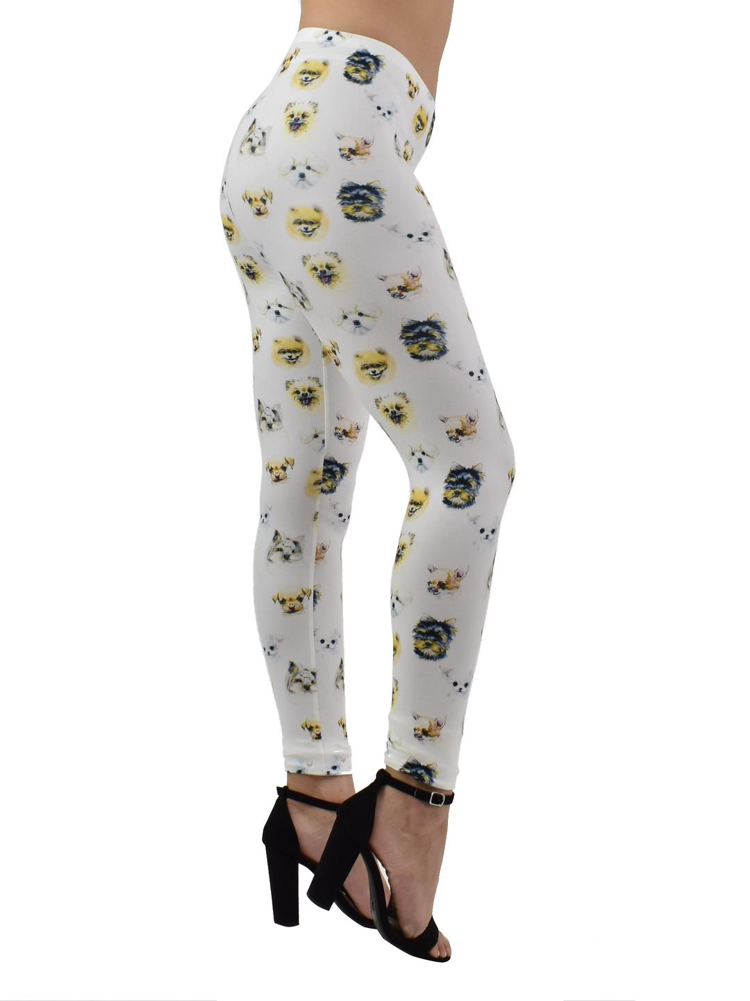 Side view of Denimaxx Mixed Dog Breed yoga leggings showing adjustable waistband and detailed multi-breed artwork.