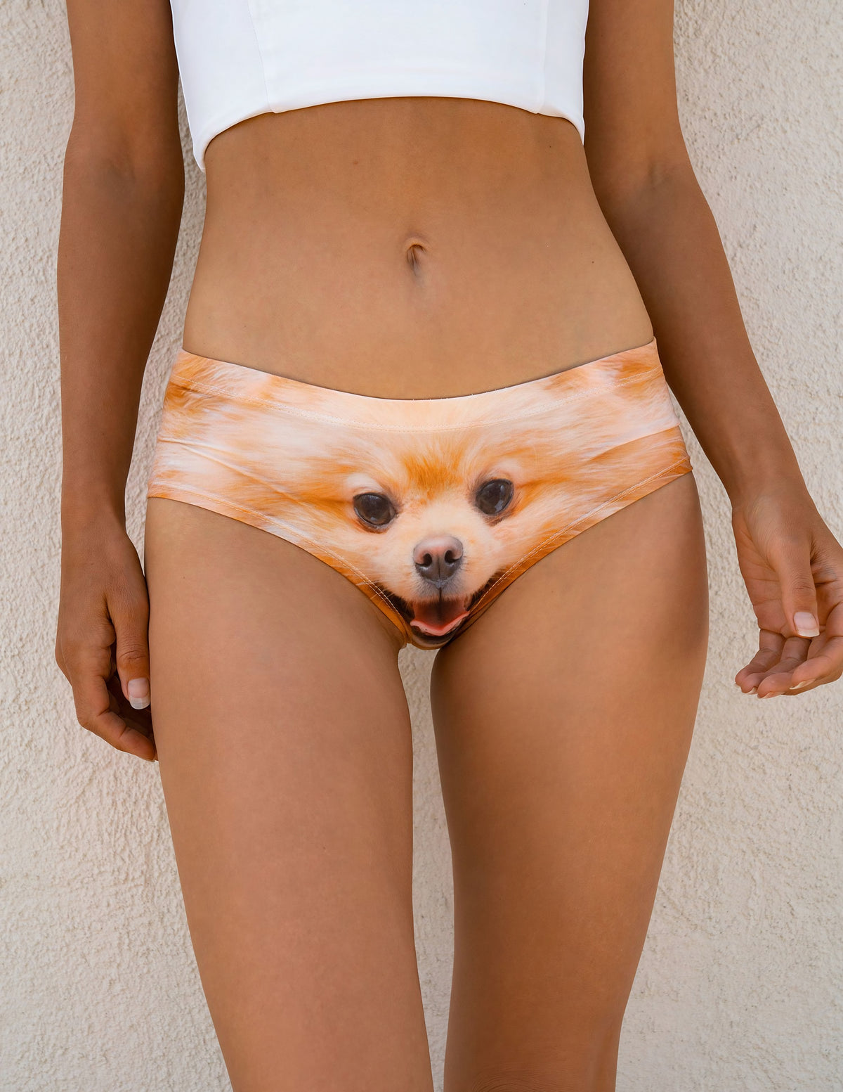 Front view of Pomeranian print panties with the smiling orange Pomeranian face on the front and a white ribbed top.