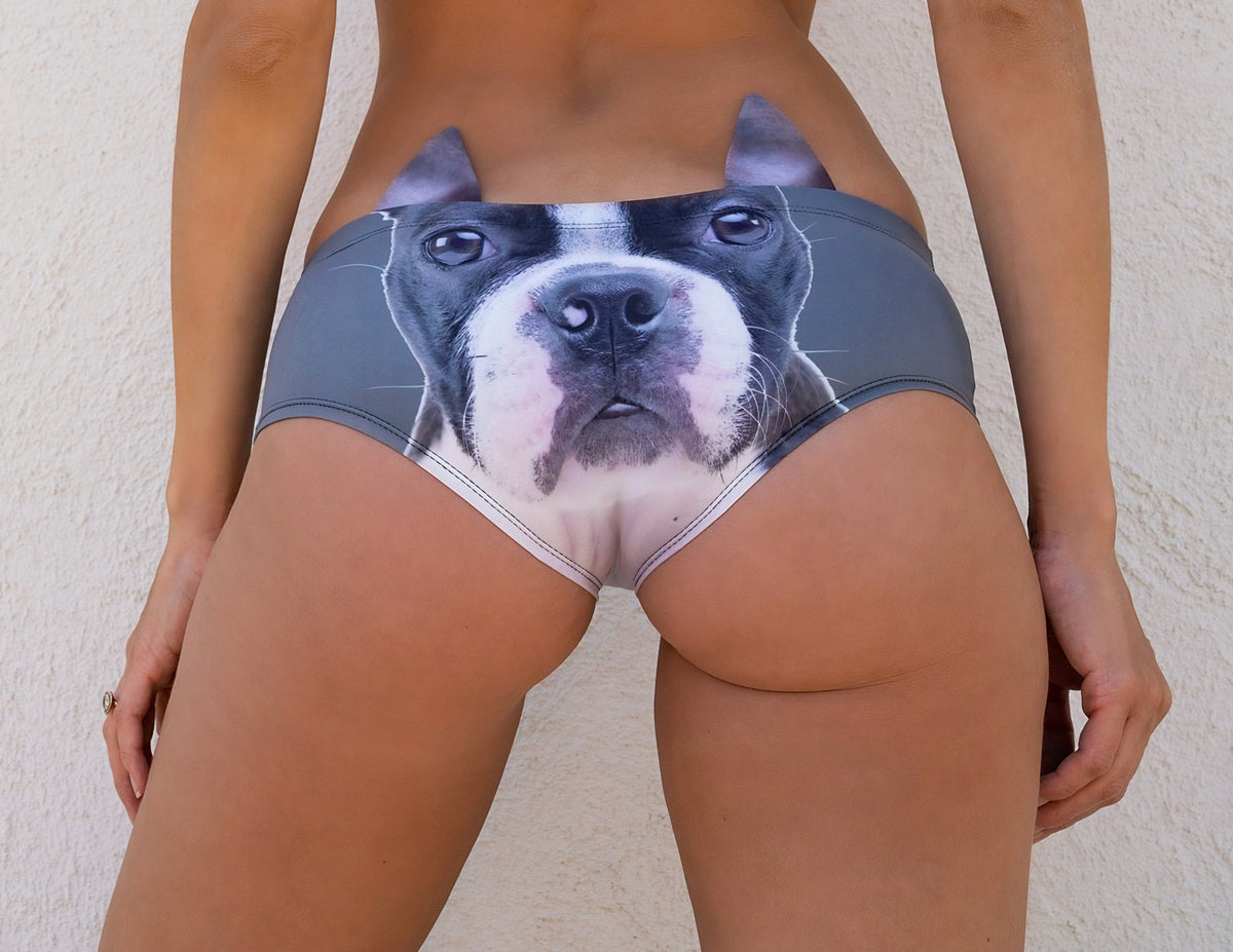 Close-up back view of Boston Terrier print panties showing the black and white Boston Terrier face with ear tabs.