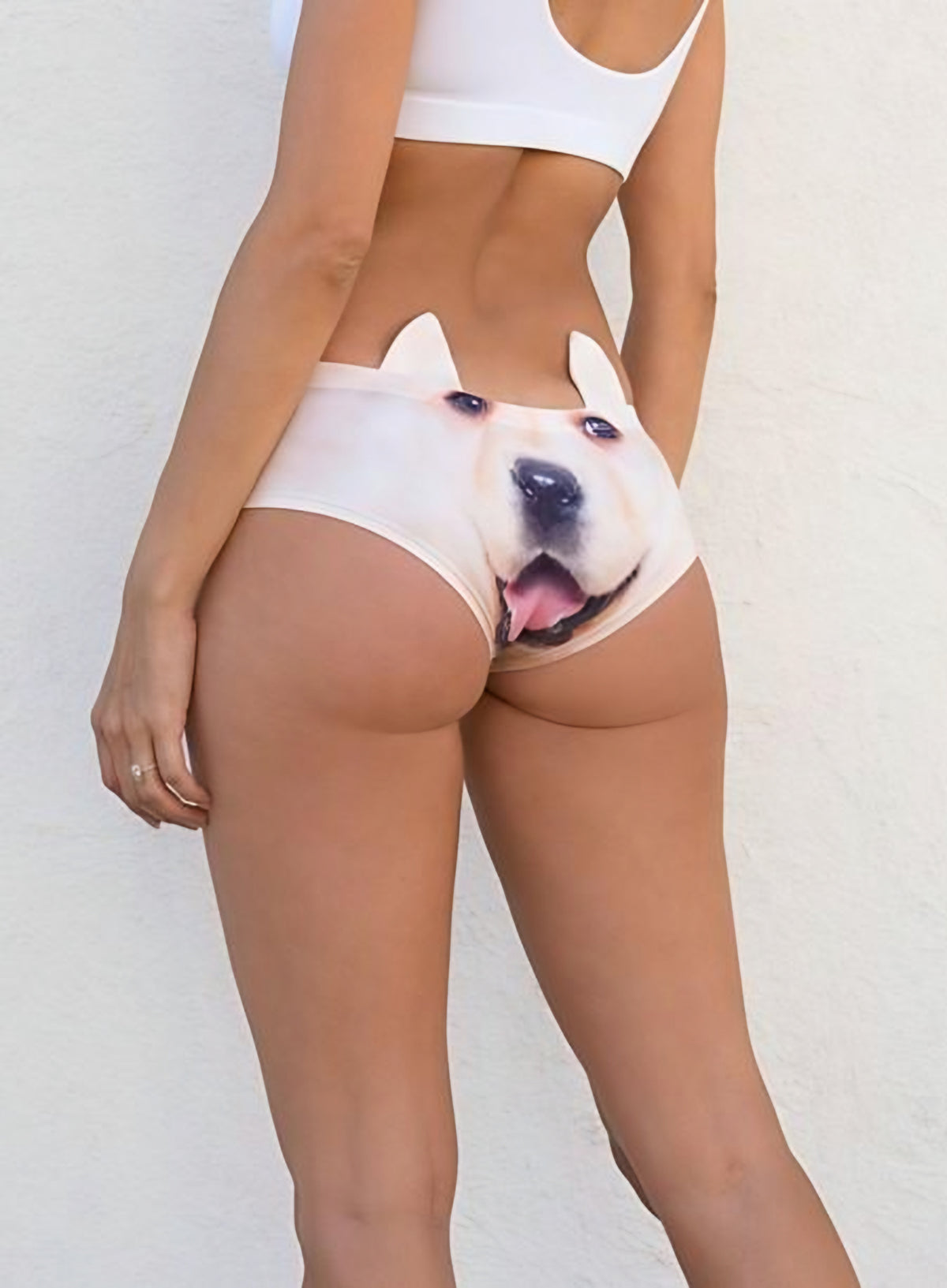 Close-up back view of Golden Retriever print panties showing the smiling cream retriever puppy face with ear tabs.