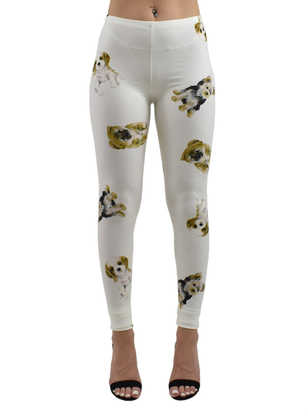 Model wearing Denimaxx Puppy Print yoga leggings featuring cute dog faces and a comfy waistband.