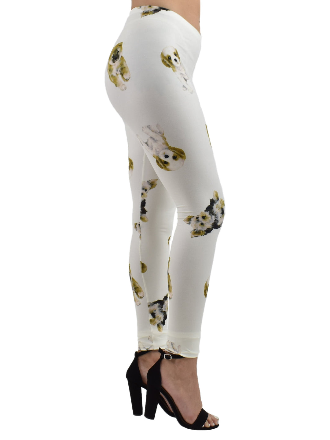 Women’s Denimaxx Puppy Print adjustable high-rise leggings styled for yoga, lounging, or everyday wear.