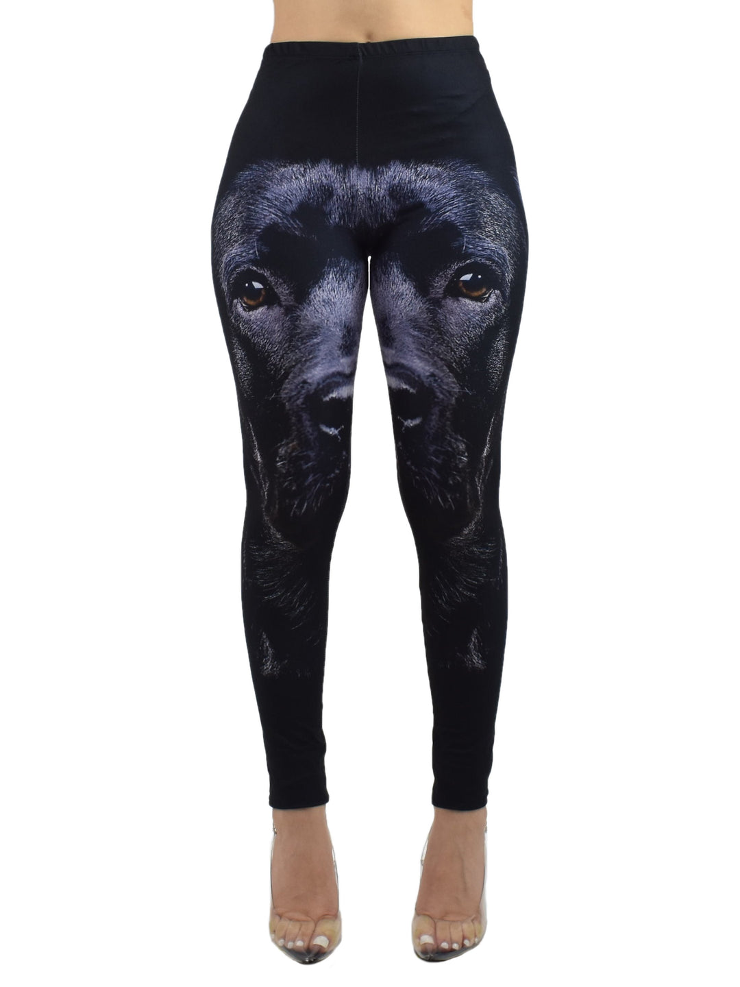 Close-up of Denimaxx Black Lab print leggings showcasing soft stretch fabric and fine Labrador fur details.