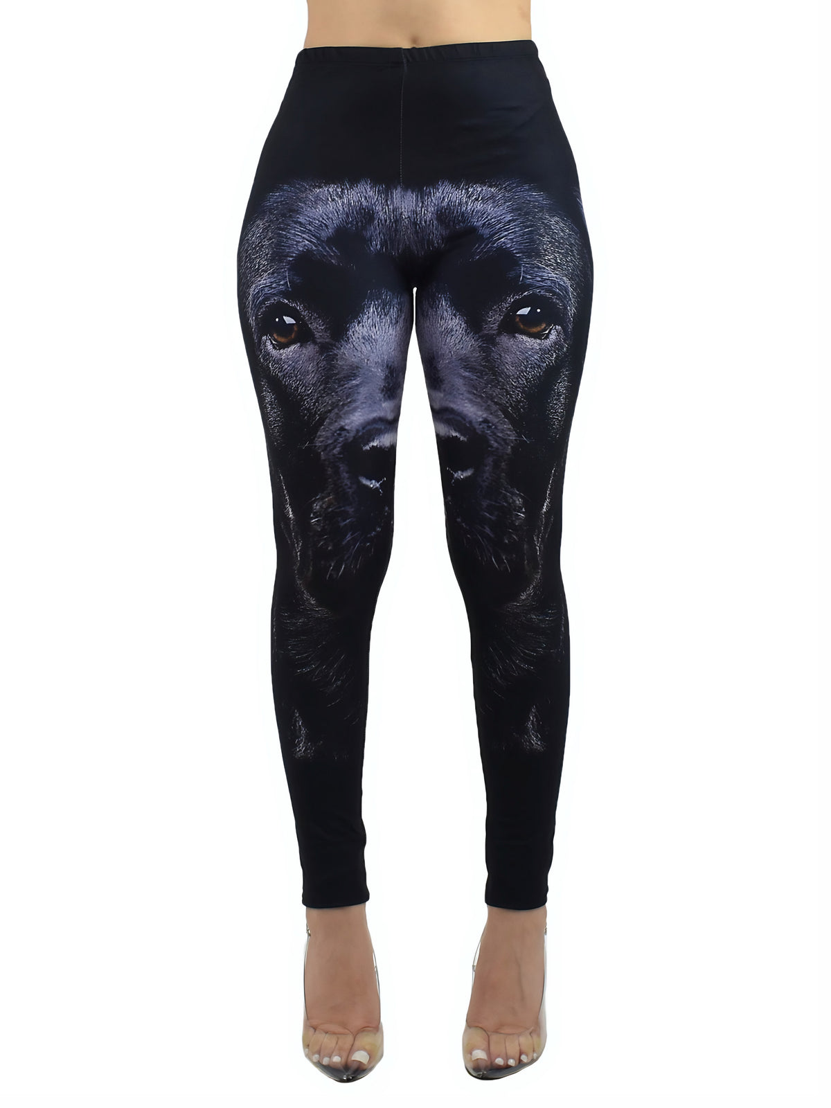 Black Lab print leggings on a white background showing the large lifelike black Labrador face across the front.