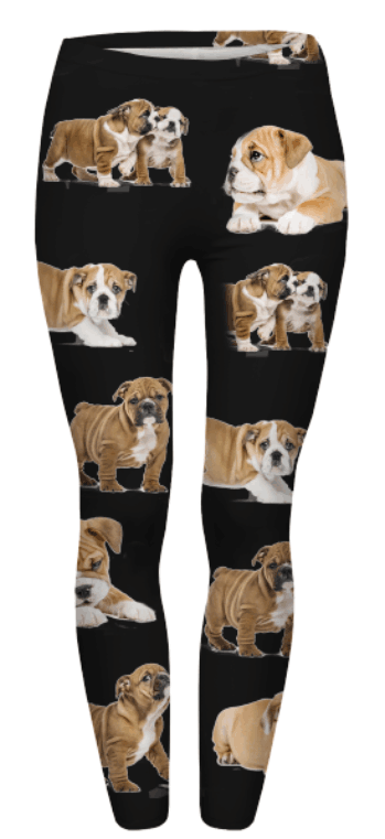 Flat lay of black Denimaxx English bulldog puppy print lifestyle leggings covered in bulldog puppy graphics, white background.